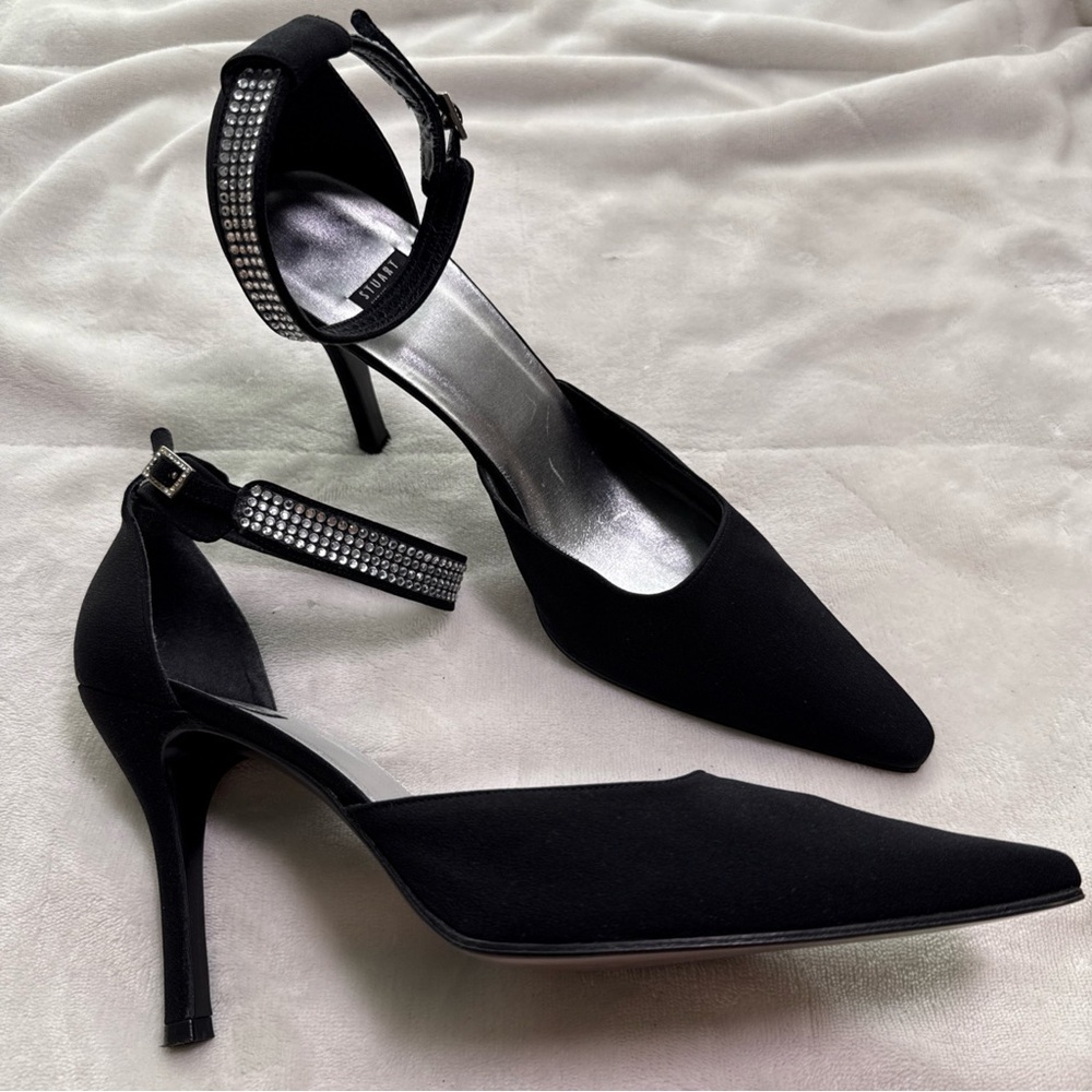 Stuart Weitzman Black Rhinestone Adj Ankle Strap High Heel Stiletto Size 10.5 B